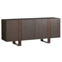 Stein Buffet, shown in mocha brown and dark espresso with wood veneer, metal, and four hinged cabinet doors.