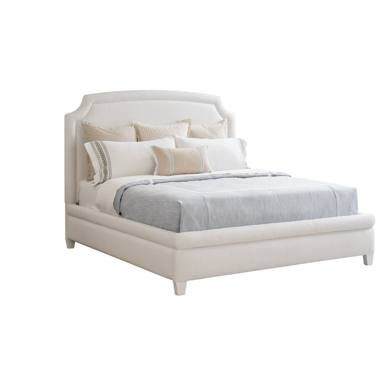 Avalon Upholstered Bed 6/0 California King, shown in ivory and cream with upholstery fabric and wood.