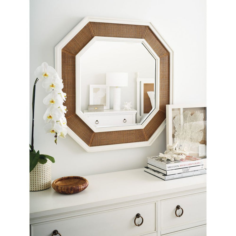 Alternate view of Thalia Octagonal Mirror in white and natural tan with octagonal frame with concentric stepped borders.