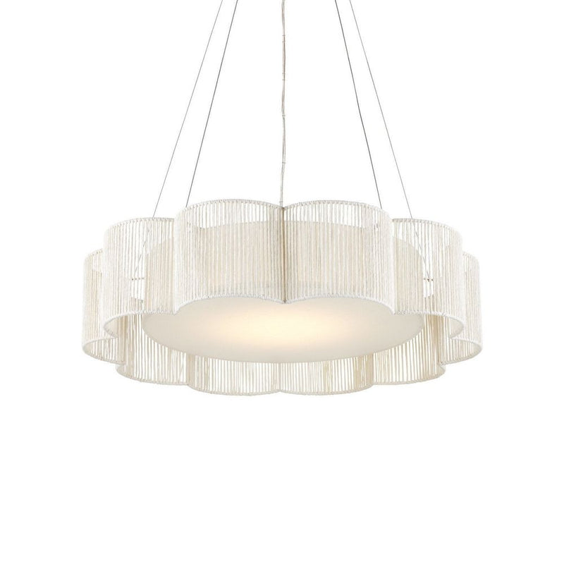 Ancroft White Chandelier, shown in white and ivory with twisted paper twine and fabric diffuser.