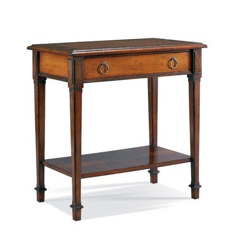 Estate Side Table, shown in mahogany brown and dark walnut brown with wood, brass, and single full-width drawer.
