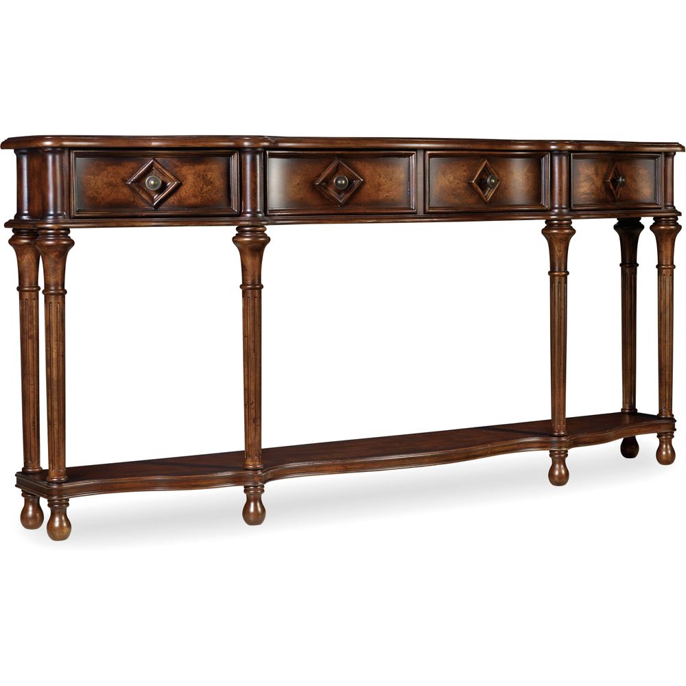 72'' Hall Console, shown in dark brown and mahogany with wood, burl wood veneer, and four integrated drawers.