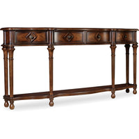 72'' Hall Console, shown in dark brown and mahogany with wood, burl wood veneer, and four integrated drawers.