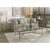 Additional view of Chainlink Cocktail Table in silver and platinum, featuring gold leaf accents and a rectangular glass top.