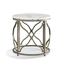 Onyx Round Lamp Table, shown in soft gray and ivory with onyx, iron, and a solid round stone lay-on top.