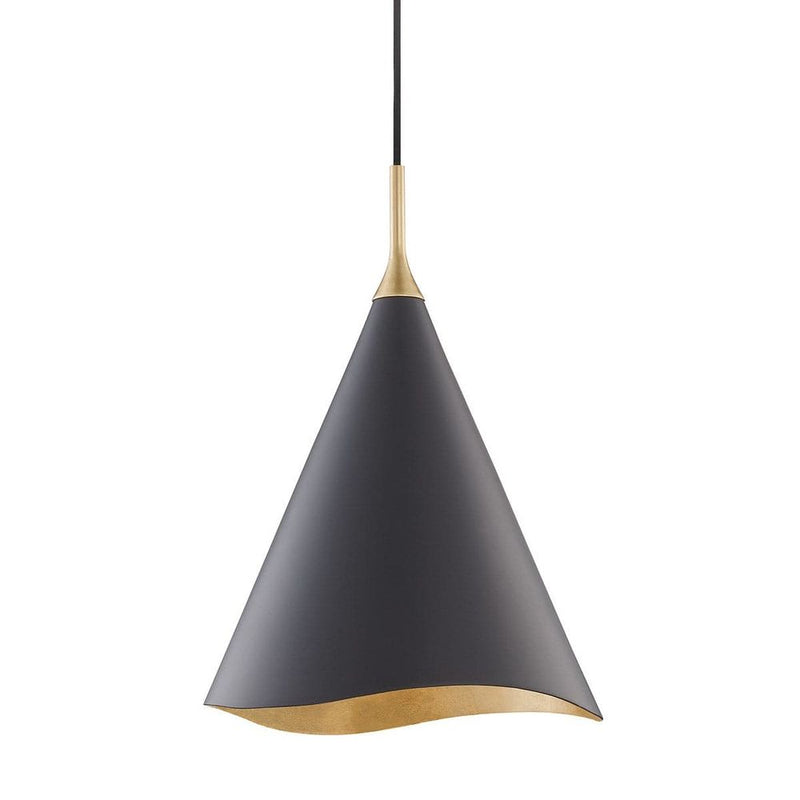 Martini Gold Leaf Pendant Small, shown in charcoal gray and white with metal, brass, and ceiling-suspended pendant cord.