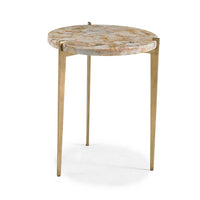 Olivia Spot Table, shown in ivory and champagne gold with marble, brass, and three-legged open base.
