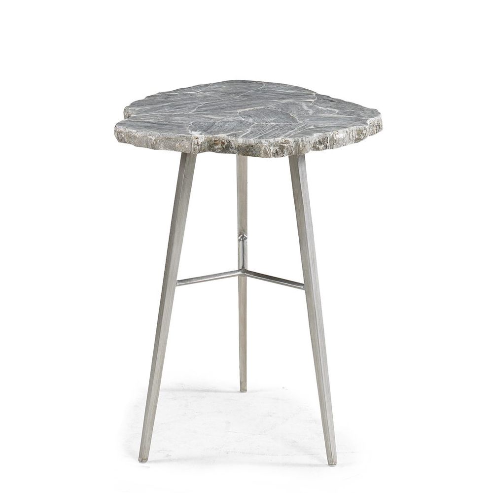 Blake Large Bunching Table, shown in gray and silver with stone, metal, and three-leg base.