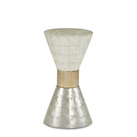 Emma Martini Table, shown in ivory and cream with mother-of-pearl, shell mosaic, and round flat tabletop.