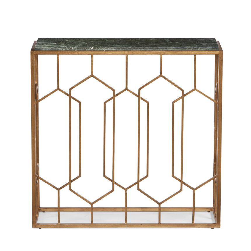 Additional view of Bruno Console Table, featuring polished stone finish, metal, marble, and a open metal lattice base.