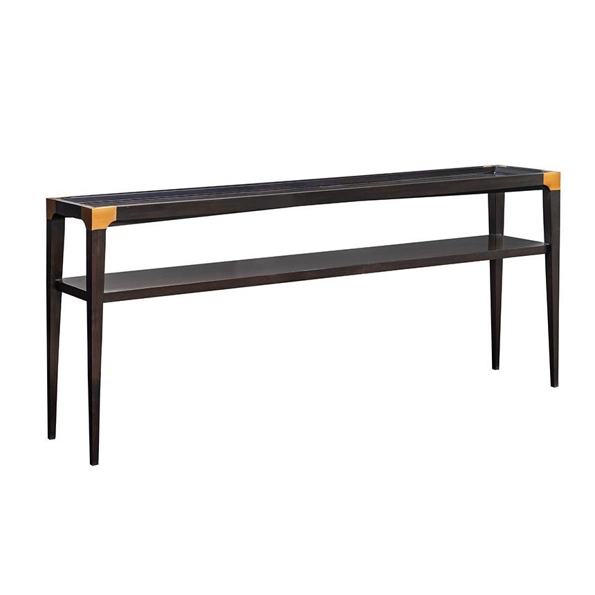 Addison Console Table, shown in dark brown and espresso with wood, metal, and two-tier open shelf design.