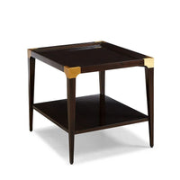 Alternate view of Addison End Table, featuring dark stain, wood, brass, and integrated lower shelf storage.