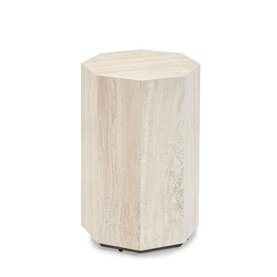 Castel Hex Accent Table, shown in ivory and beige with stone, travertine, and a solid pedestal base.