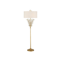 Forget-Me-Not Gold Floor Lamp, shown in gold and off-white with metal, crystal, and a floor-standing weighted round base.