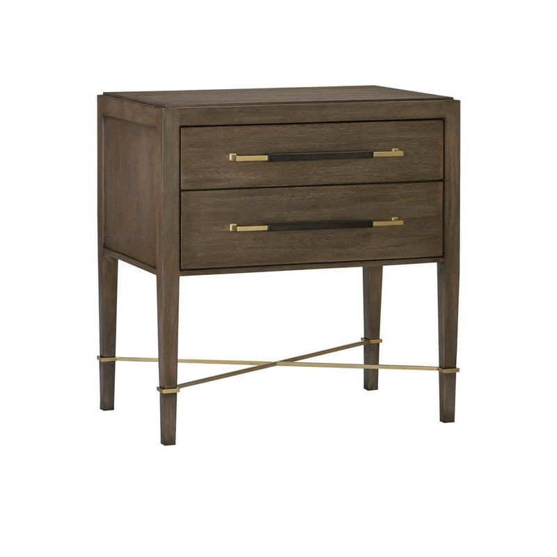 Alternate view of Verona Chanterelle Nightstand, featuring brushed brass finish, wood, metal, and two full-width drawers.