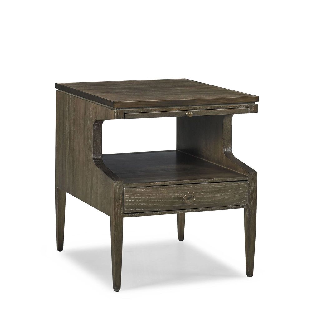 Hayes End Table, shown in dark brown and charcoal gray-brown with wood, metal, and upper shallow drawer.