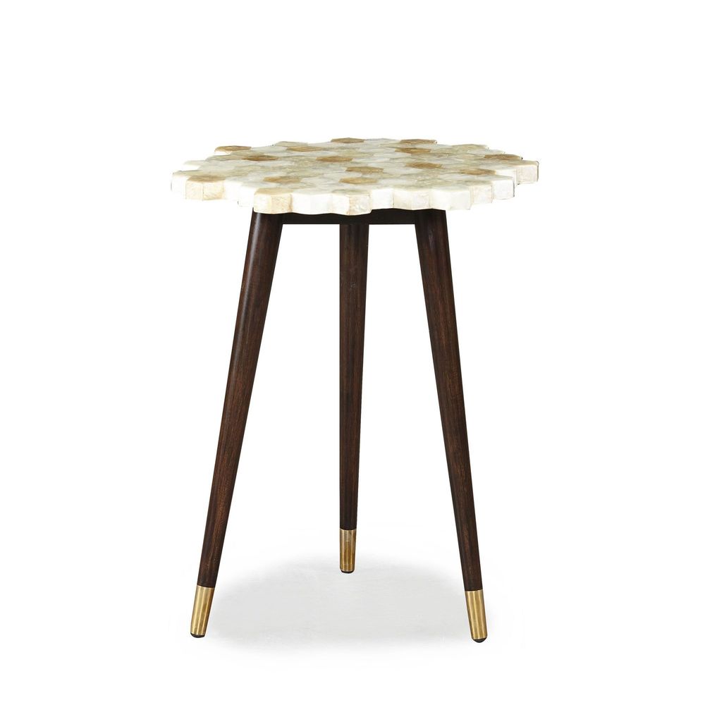 Mateo Accent Table, shown in cream and ivory with bone or stone inlay, wood, and a tripod base.