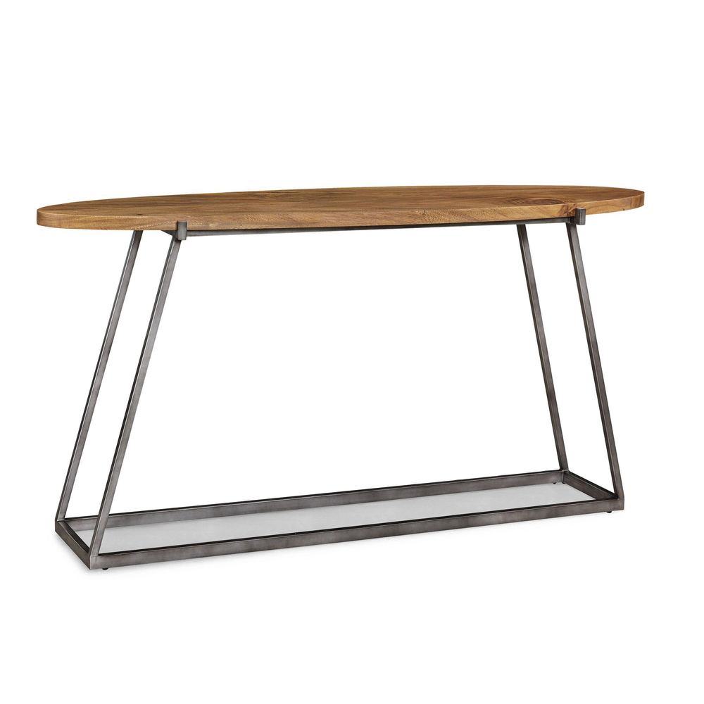 Warrick Console Table, shown in medium brown and dark gunmetal gray with solid wood, metal, and integrated lower glass shelf.