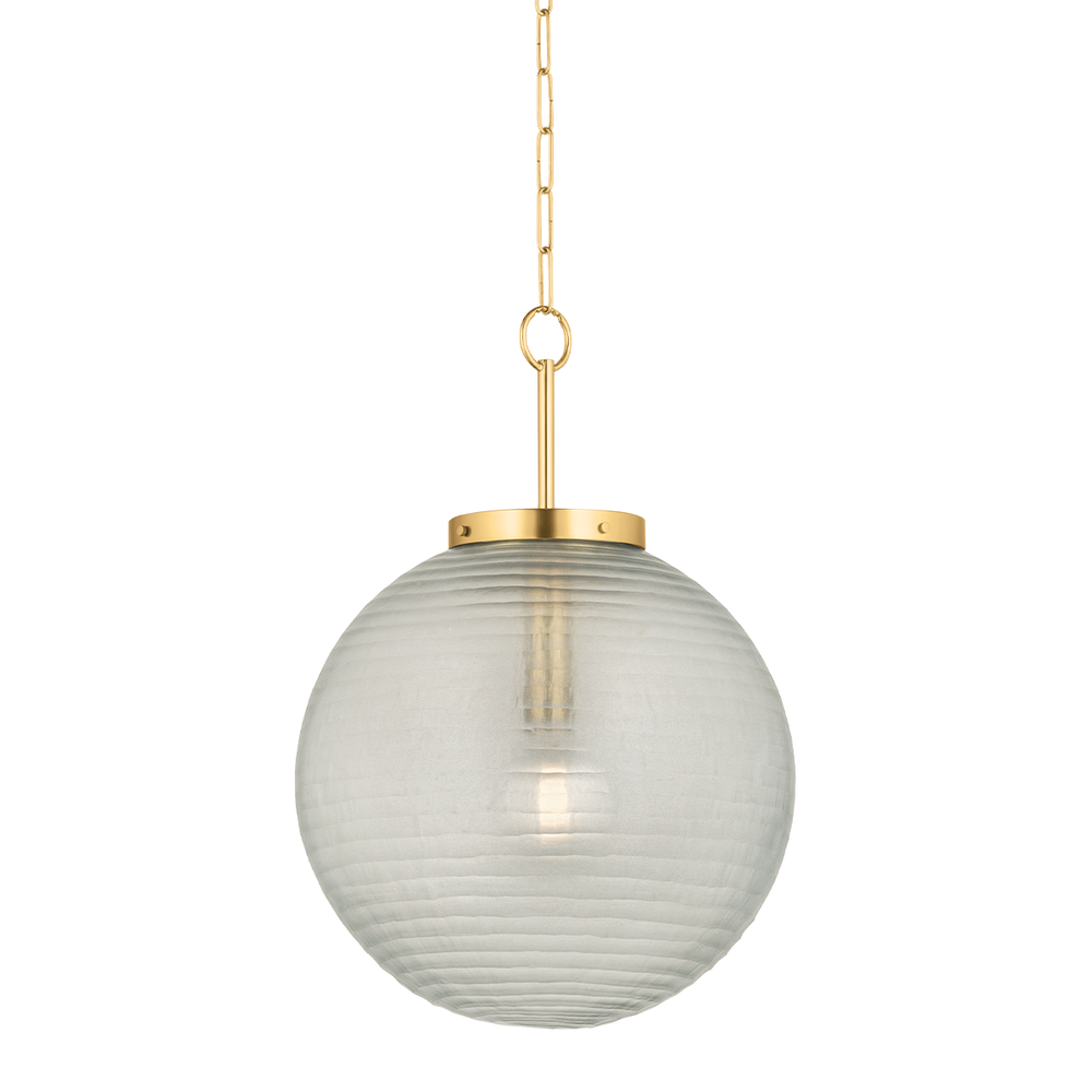 Falls Mills Pendant, shown in soft frosted white and warm brass gold with ribbed glass and brass metal.