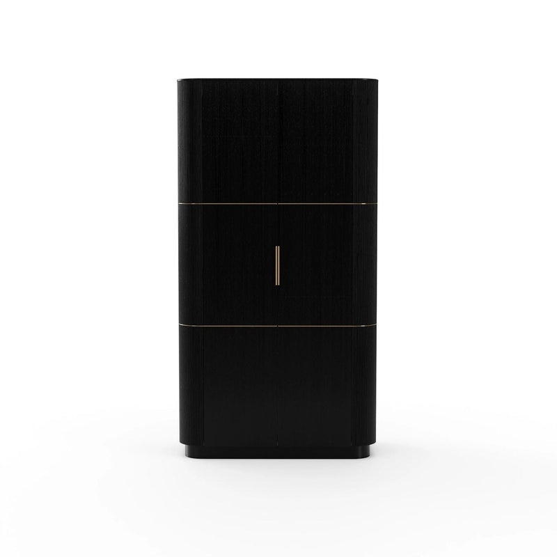Love Bar Cabinet, shown in black with wood, metal, and tall enclosed cabinet storage.