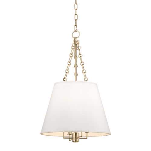 Burdett 4 Light Pendant, shown in white and brass with fabric, metal, and chain-hung ceiling suspension.