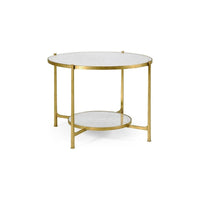 Églomisé Iron Centre Table, shown in antique gold and white with iron, glass, and two-tier circular surfaces.