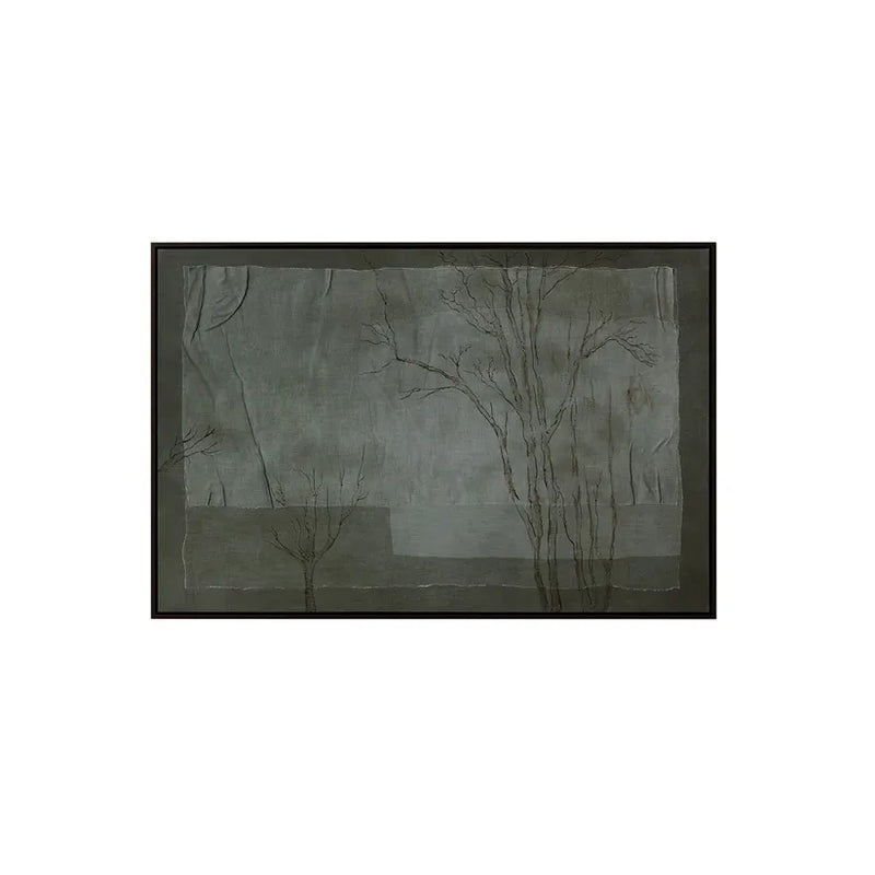Enchanted Forest, shown in muted sage green and gray-green with canvas, wood frame, and floater frame for wall hanging.