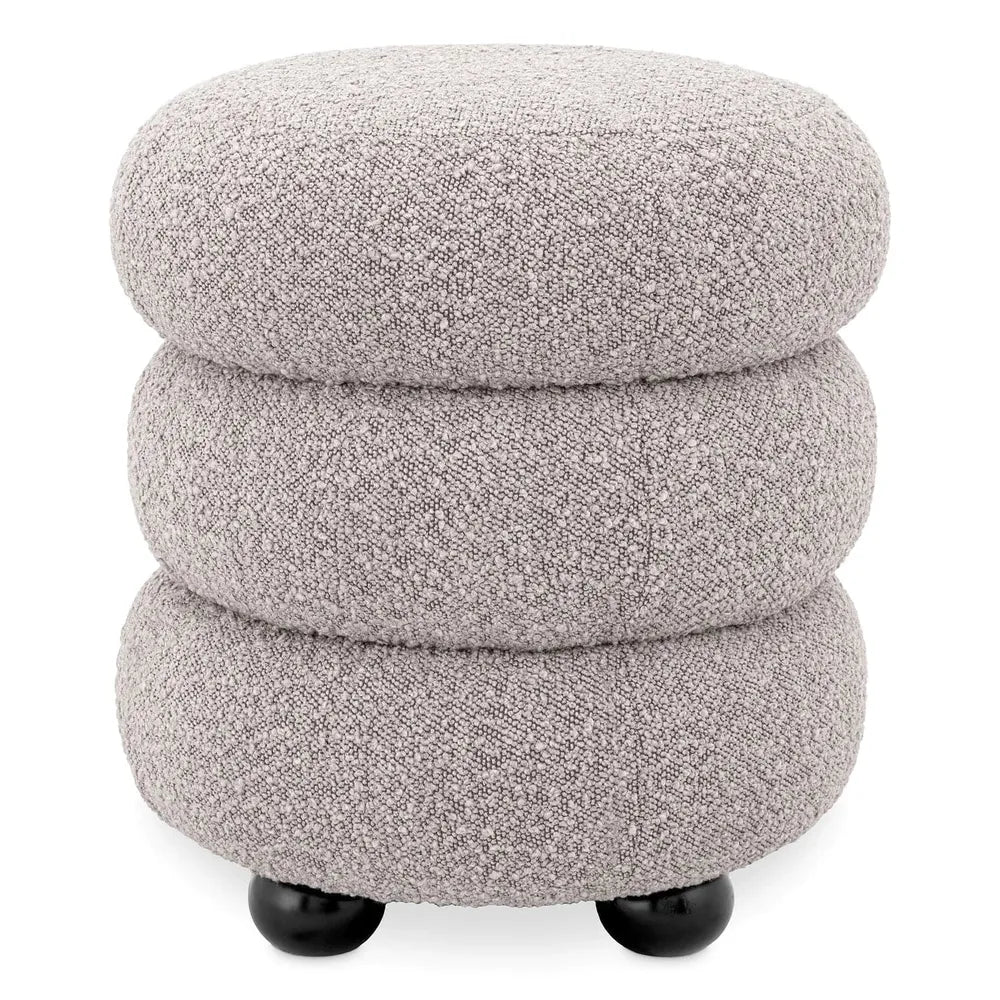 Alternate view of Tulum Stool, featuring nubby finish, bouclé fabric, wood, and bun feet.