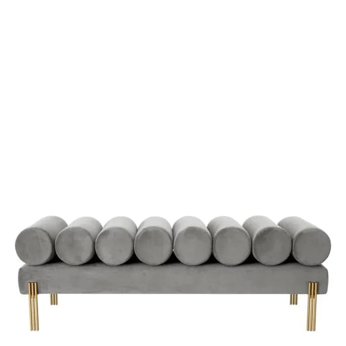 Alternate view of Bench Oxley, featuring brushed brass finish, velvet, metal, and fixed cylindrical bolster backrest.
