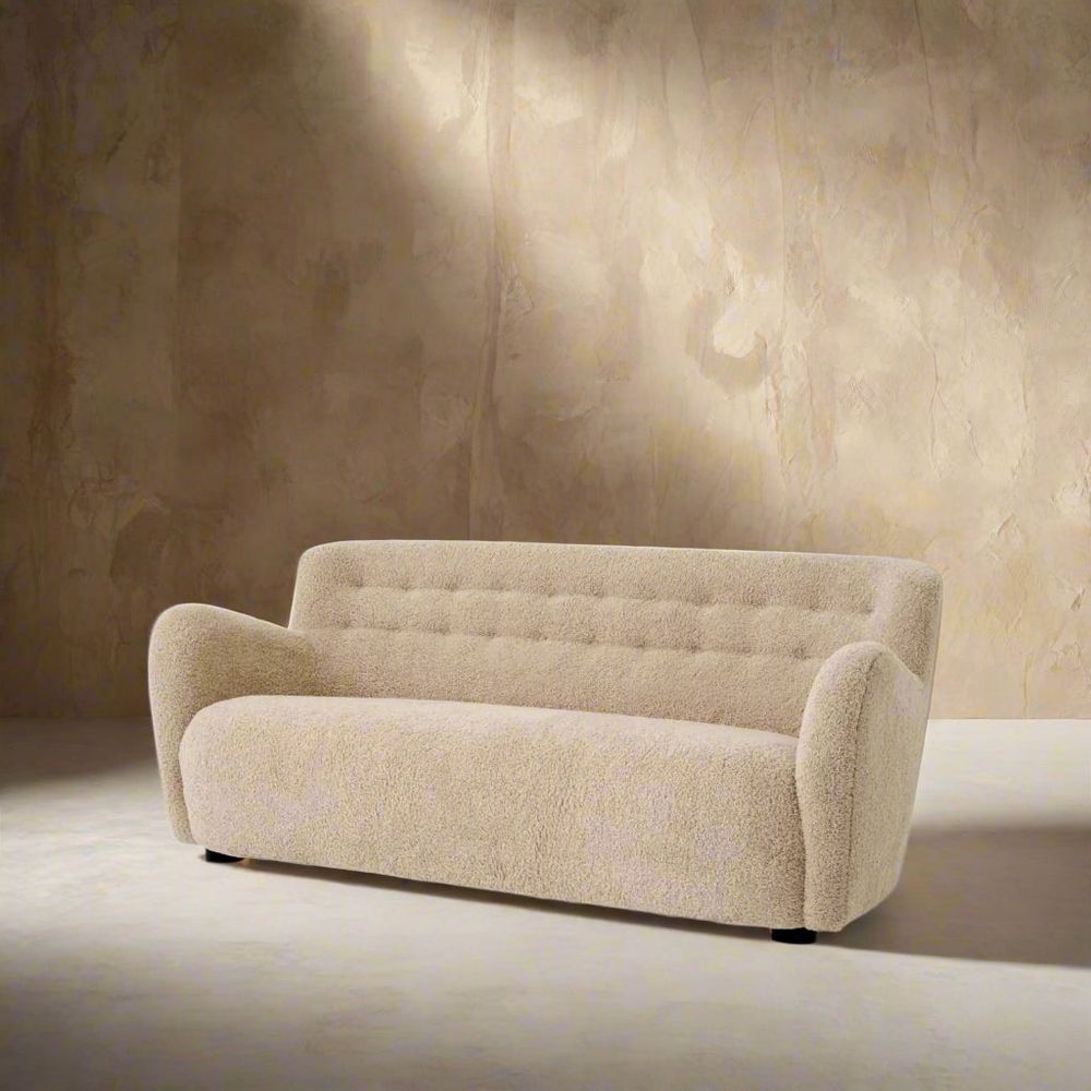 Alternate view of Fizby 74" Sofa, featuring textured nubby finish, bouclé fabric, upholstery fabric, and fixed rolled arms.