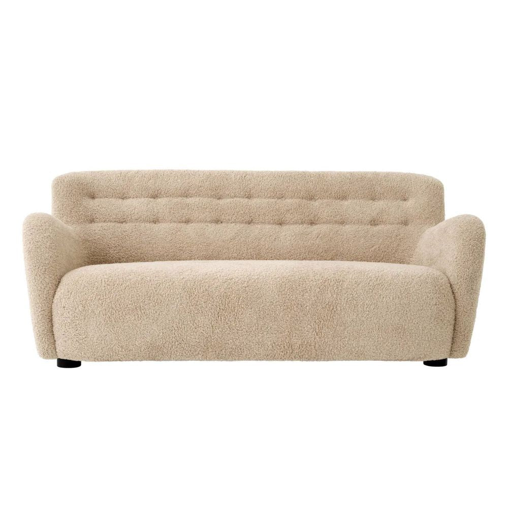 Fizby 74" Sofa, shown in beige and cream with bouclé fabric, upholstery fabric, and fixed rolled arms.