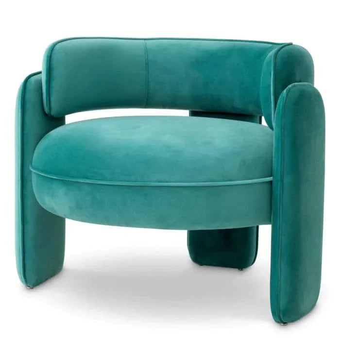 Chair Chaplin, shown in teal and terracotta orange with velvet, metal, and fixed continuous arms.