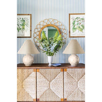 Alternate view of Annabelle Table Lamp, featuring glossy glaze finish, ceramic, linen fabric, and broad stable ceramic foot.