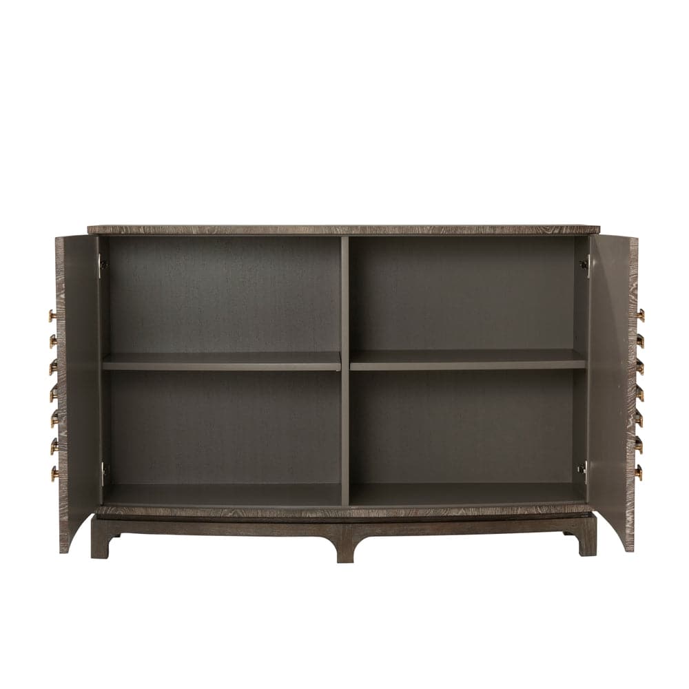 Alternate view of Orson Cabinet, featuring matte stain, wood, metal, and two-door cabinet.