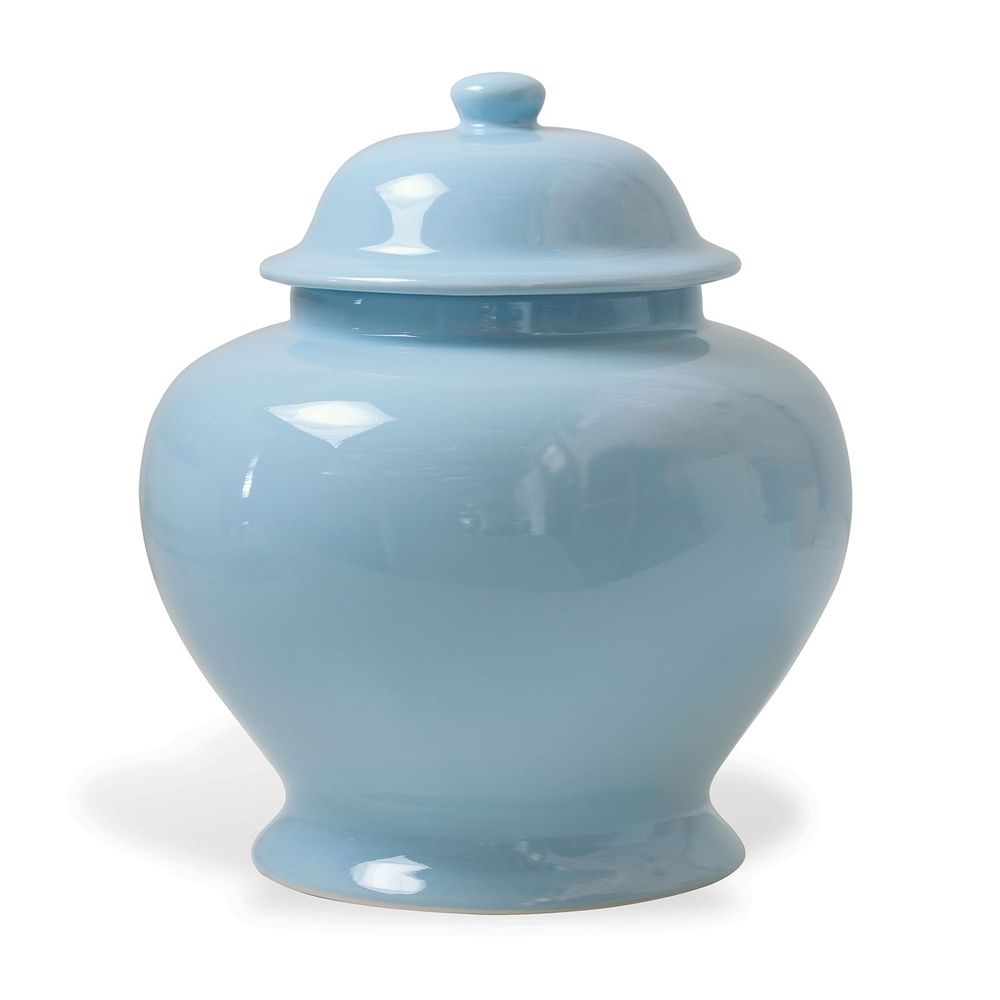 Odeon Jar, shown in powder blue and light sky blue with porcelain, ceramic, and removable fitted lid.