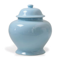 Odeon Jar, shown in powder blue and light sky blue with porcelain, ceramic, and removable fitted lid.