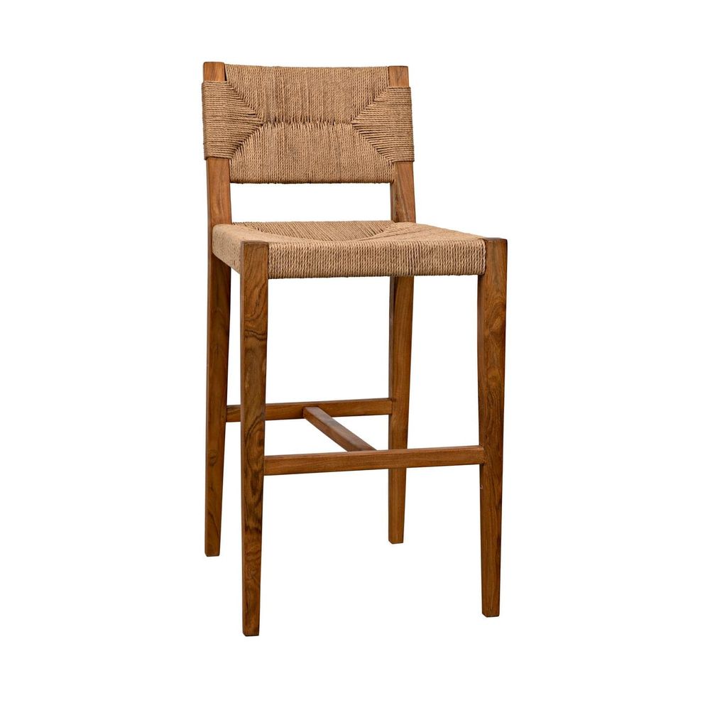 Bran Counter Stool, shown in medium walnut brown and natural tan with solid teak wood and twisted paper cord.