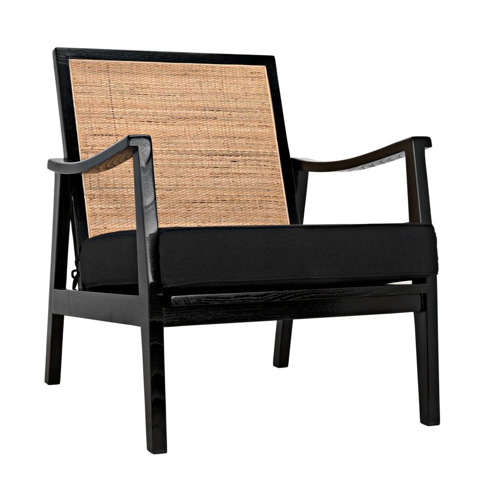 Alternate view of Lichtenstein Chair, featuring upholstered fabric cushion, wood, cane, and fixed open arms.