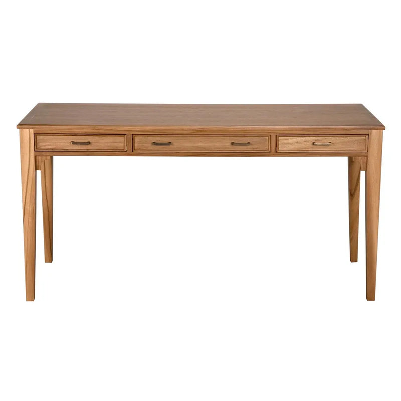 Ambrose Desk, Bleached Teak, shown in light teak brown and warm honey wood with teak wood and metal.