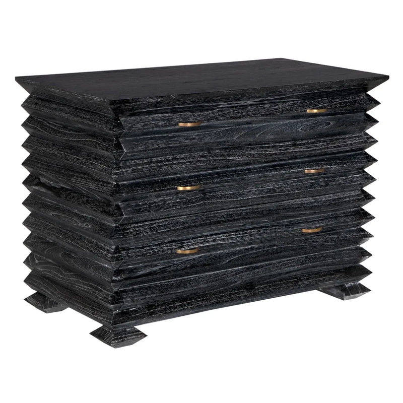 Tiago Chest, shown in black and charcoal with wood, brass, and three full-width drawers.