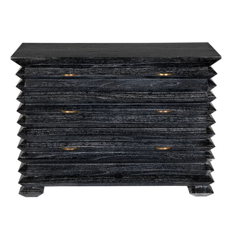 Alternate view of Tiago Chest, featuring ebonized ceruse finish, wood, brass, and three full-width drawers.
