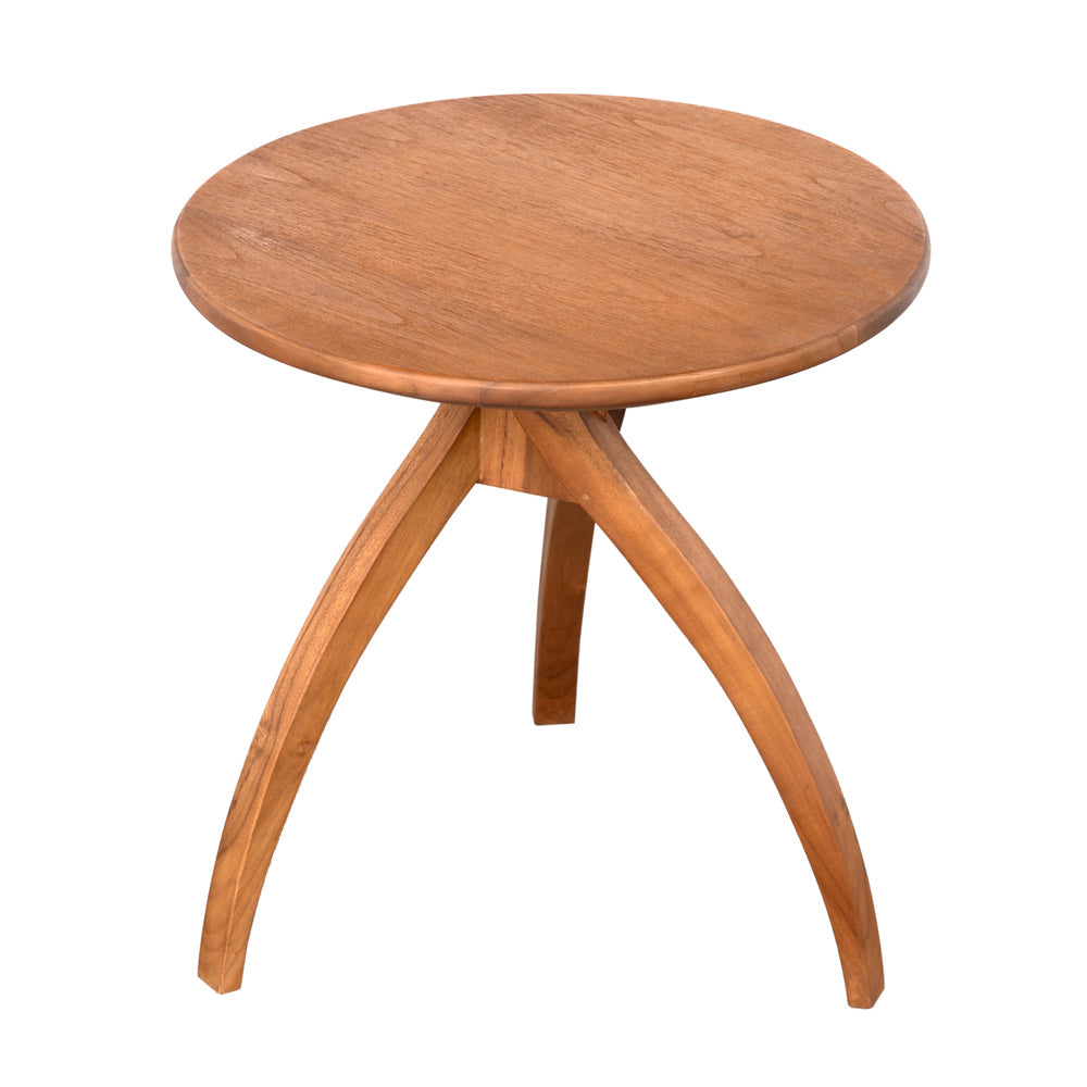 Vikram Side Table, M, shown in medium brown and warm teak with teak wood, solid wood, and fixed tripod base.