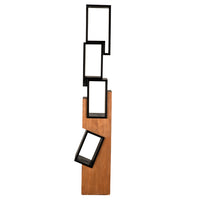 Jackson Shelf, shown in charcoal black and natural teak brown with teak wood, wood, and open cubic display niches.