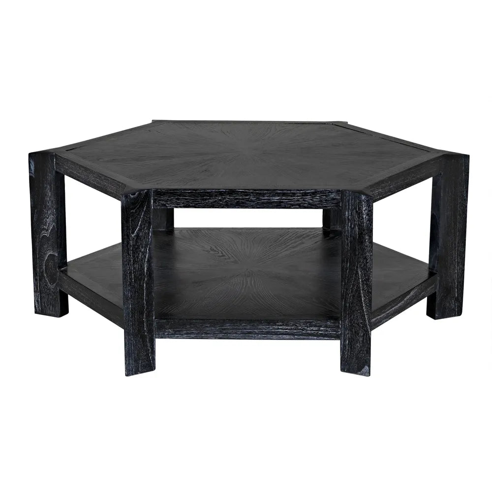 Yuhuda Coffee Table, shown in cinder black and charcoal with wood and lower open storage shelf.