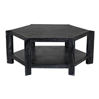 Yuhuda Coffee Table, shown in cinder black and charcoal with wood and lower open storage shelf.