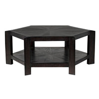 Yuhuda Coffee Table, shown in dark charcoal brown and espresso with wood and two-tier open lower shelf.