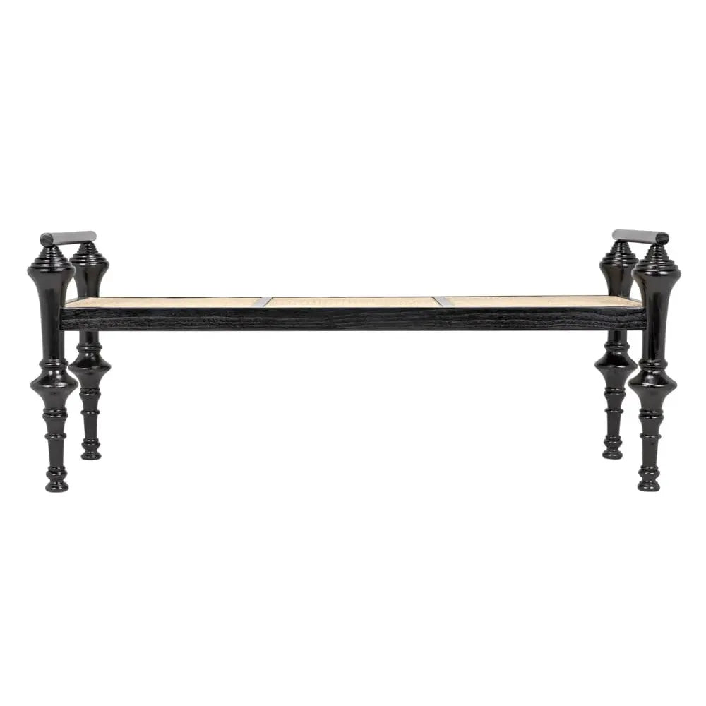 Additional view of Indochine Bench in black and natural beige, featuring glossy lacquer and fixed cylindrical armrests.