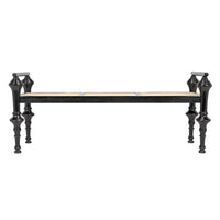 Additional view of Indochine Bench in black and natural beige, featuring glossy lacquer and fixed cylindrical armrests.