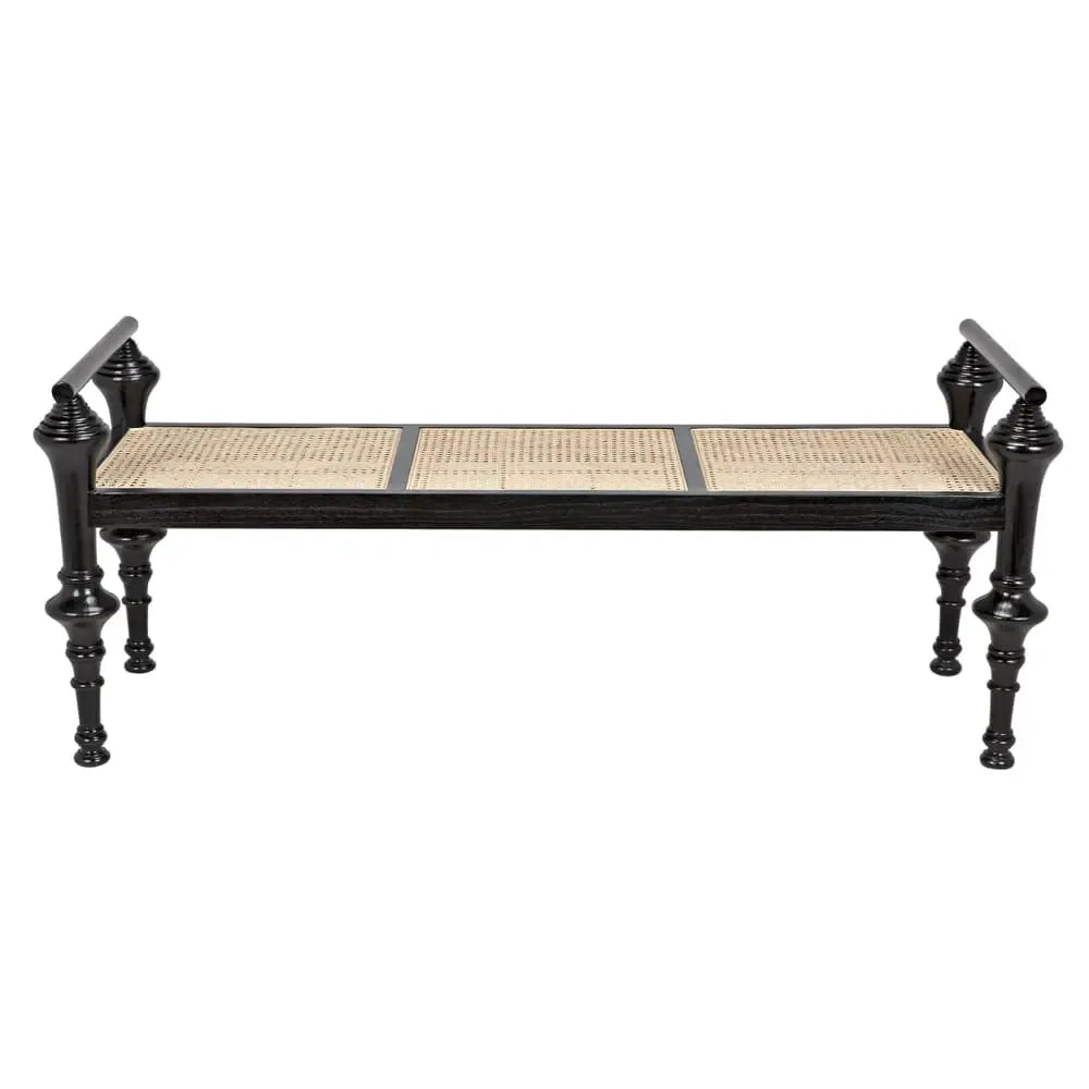 Indochine Bench, shown in black and natural beige with wood, cane, and fixed cylindrical armrests.