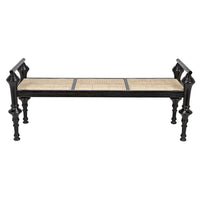 Indochine Bench, shown in black and natural beige with wood, cane, and fixed cylindrical armrests.